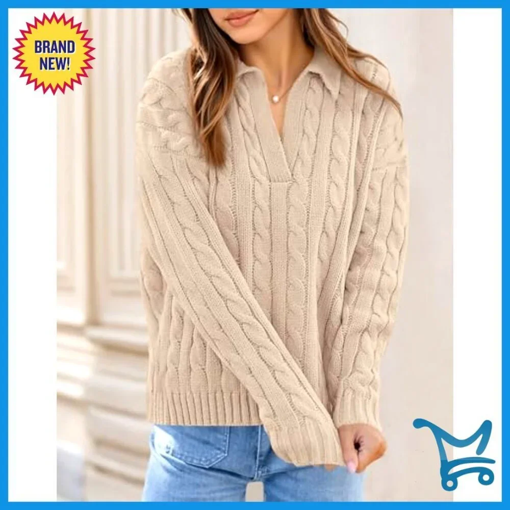 Oversized Cable Knit Sweater Polo V Neck Chunky Pullover Casual Chic